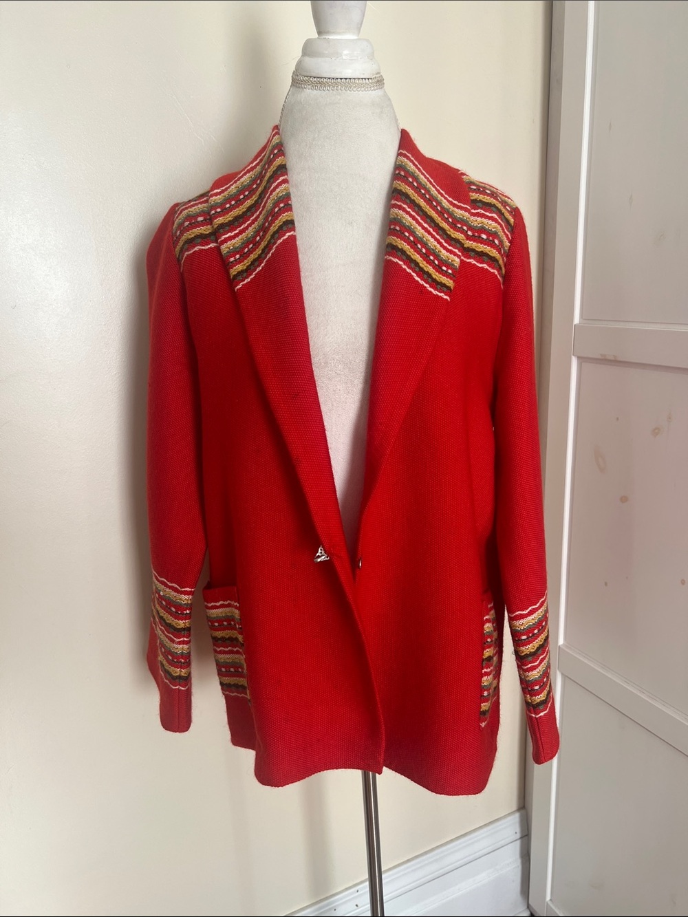 Vintage Handmade in Norway Scandnavian Red Knit Blazer Nordic Fair Isle EU 44